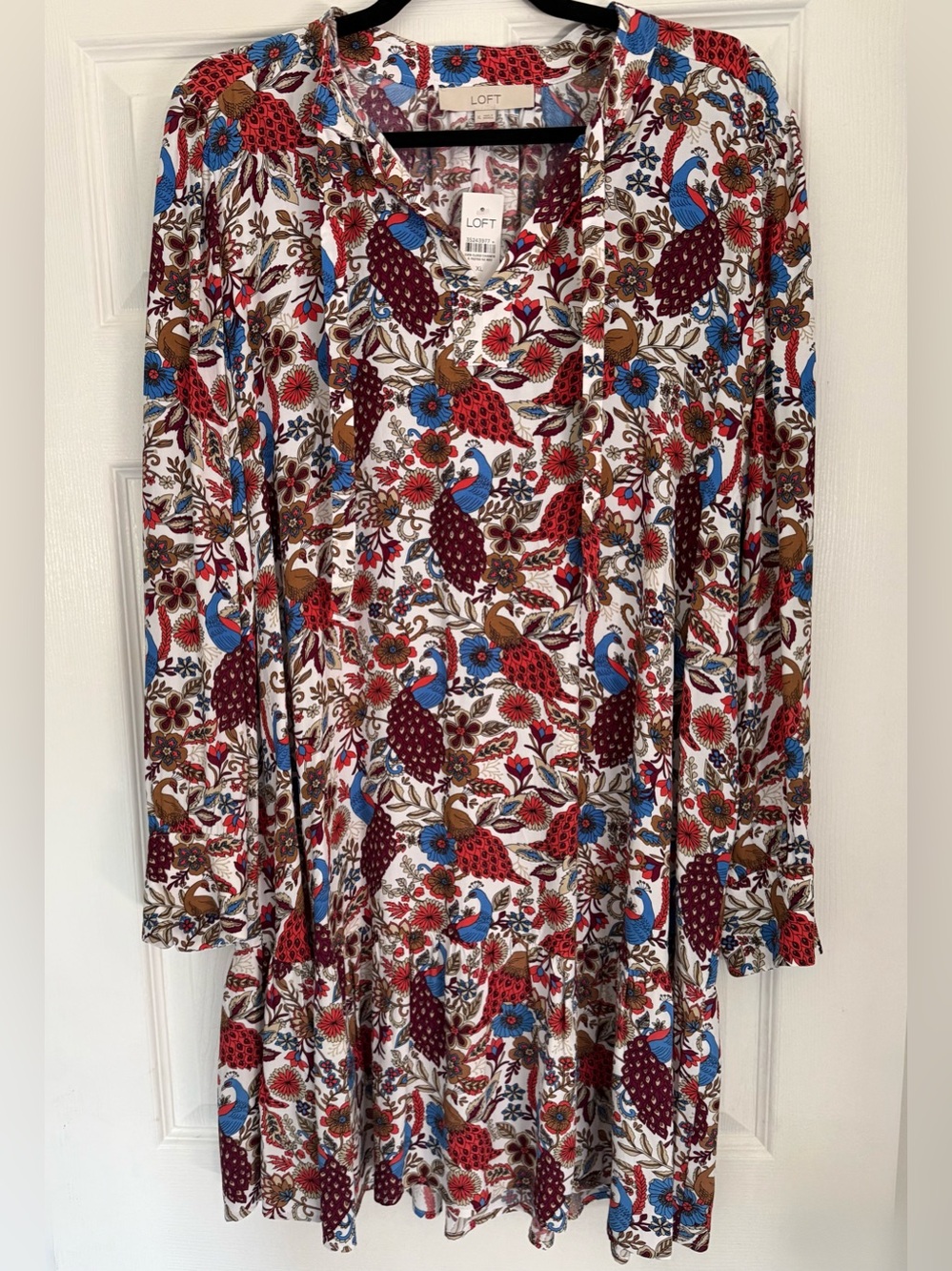 XL - NWT - Loft Floral Bird Print Mini Shift Dress With Long Sleeves